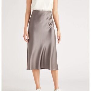 Quince Silk Midi Slip Skirt in Taupe Gray